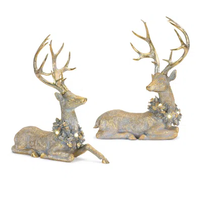 Melrose International Holiday Deer Figurine With Lighted Wreath And Gold Finish (set Of 2) - Gold