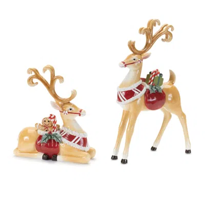 Melrose International Holiday Reindeer Figurine (set Of 2) - Beige, Red, Green