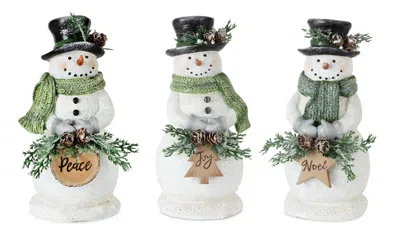 Melrose International Holiday Snowman Figurine With Frosted Pine Accent (set Of 3) - White, Brown, Green