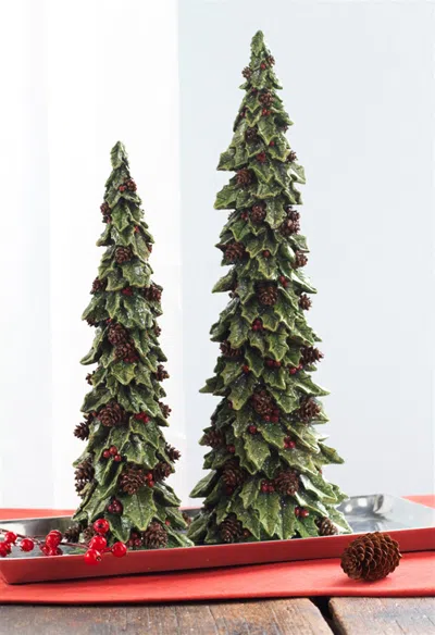 Melrose International Holly Leaf Holiday Trees With Pinecone Accents (set Of 2) - Green, Brown
