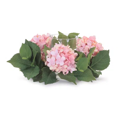 Melrose International Hydrangea Candle Ring With Glass Hurricane (set Of 2) - Pink, Green
