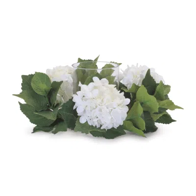 Melrose International Hydrangea Candle Ring With Glass Hurricane (set Of 2) - White, Green