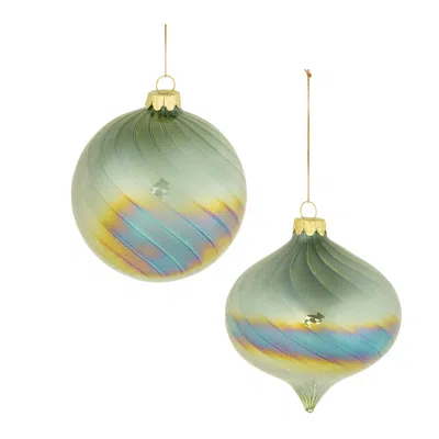 Melrose International Iridescent Swirled Glass Ornament (set Of 6) - Green, Gold