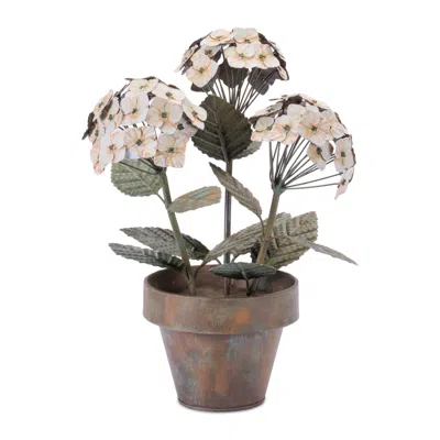Melrose International Iron Potted Hydrangea Floral Sculpture 15"h - White, Brown