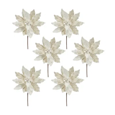 Melrose International Ivory Velvet Poinsettia Stem With Gold Bead Accents (set Of 6) - White In Multi