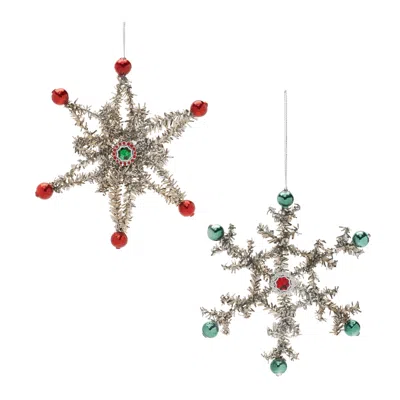 Melrose International Jeweled Tinsel Snowflake Ornament (set Of 12) - Silver, Green, Red