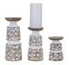 Melrose International Leaf Pattern Candle Holder With Wood Design (set Of 3) - Brown, White In Multi