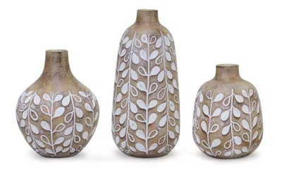 Melrose International Leaf Print Vase With Wood Design (set Of 3) - Brown, White