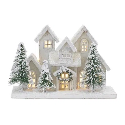 Melrose International Led Flocked Holiday Village Display 12.5"l - White, Green