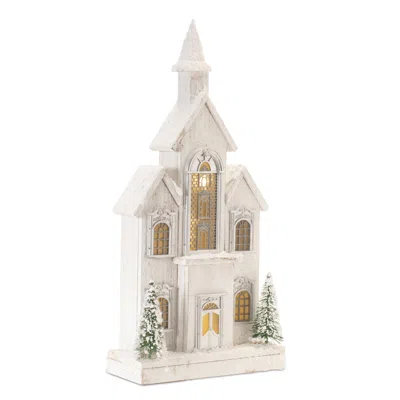 Melrose International Led Flocked Wooden Church 22"h - White, Green