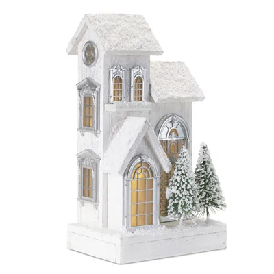 Melrose International Led Flocked Wooden House 14.5"h - White, Green