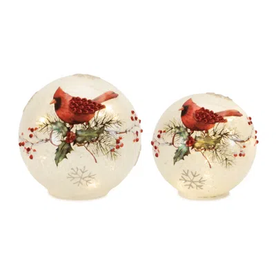 Melrose International Led Frosted Cardinal Berry Globe (set Of 2) - Red, White