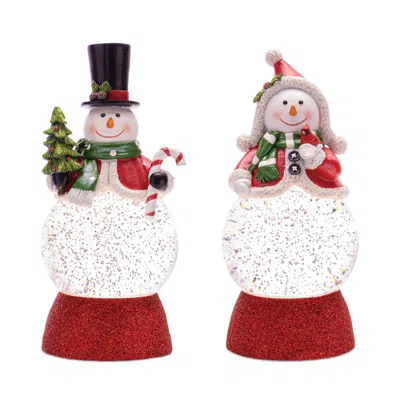 Melrose International Led Holiday Snowman Snow Globe (set Of 2) - White, Green, Red