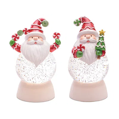 Melrose International Led Peppermint Santa Snow Globe (set Of 2) - White, Green, Red