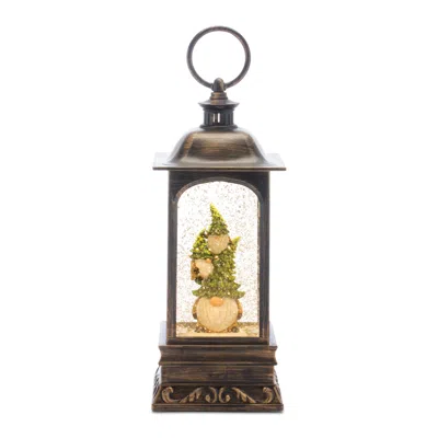 Melrose International Led Snow Globe Lantern With Gnome Stack 9.75"h - Bronze, Green, White