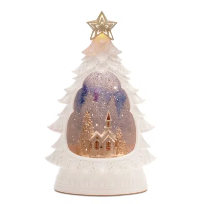 Melrose International Led Winter Church Pine Tree Snow Globe 12"h - White, Gold, Blue