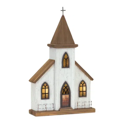Melrose International Lighted Natural Wooden Church Display With Rustic Metal Accents 17.5"h - Brown, White