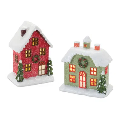 Melrose International Lighted Winter Village Houses (set Of 2) - Red, Green