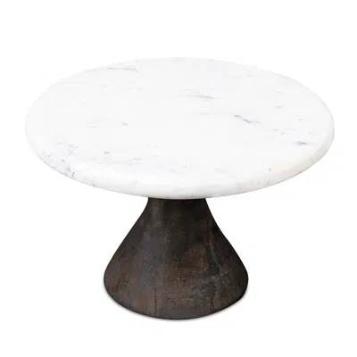 Melrose International Marble Pedestal Tray With Wood Base (set Of 2) - White, Black