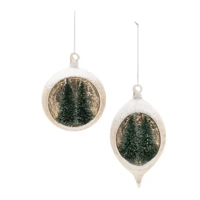 Melrose International Mercury Glass Ornament With Pine Trees (set Of 6) - White, Green