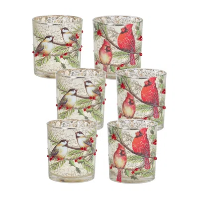 Melrose International Mercury Glass Votive Candle Holder With Bird And Berry Branch (set Of 6) - Red, Gold
