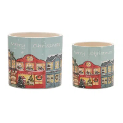 Melrose International Merry Christmas Village Planter (set Of 2) - Blue