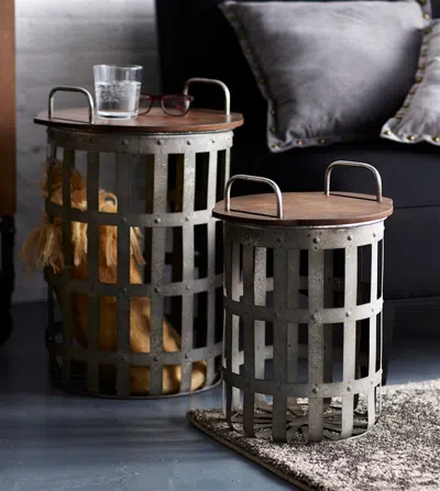 Melrose International Metal And Wood Side Basket Tables (set Of 2) - Grey, Brown