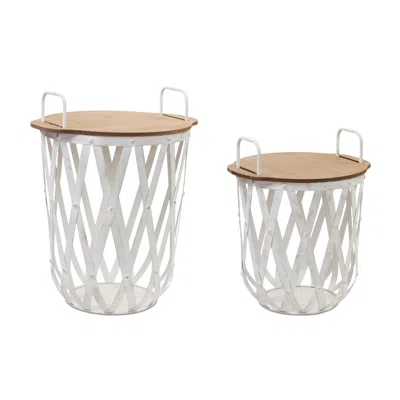 Melrose International Metal And Wood Side Basket Tables (set Of 2) - White, Brown