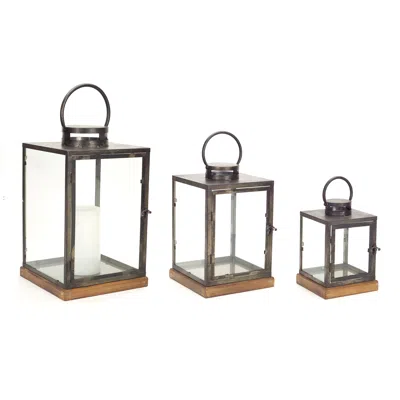 Melrose International Metal Box Lantern With Wood Base (set Of 3) - Grey, Grey