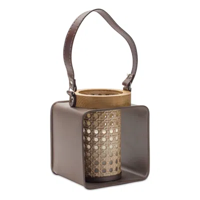 Melrose International Metal Candle Holder With Wood And Leather Accents - Brown