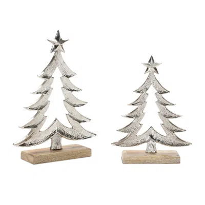 Melrose International Metal Christmas Tree With Wood Base (set Of 2) - Gray, Beige