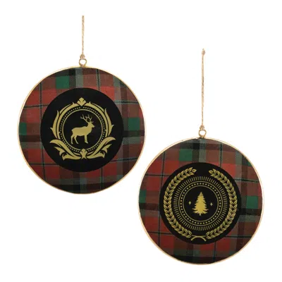 Melrose International Metal Deer And Pine Tree Disc Ornament (set Of 6) - Red, Black
