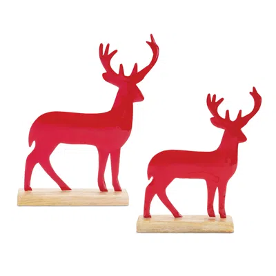 Melrose International Metal Deer Silhouette With Wood Base (set Of 2) - Red