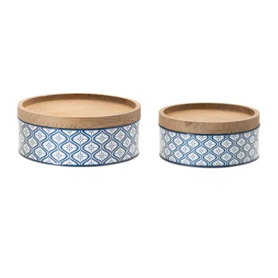 Melrose International Metal Patterned Canister With Natural Wood Lid (set Of 2) - Blue, White