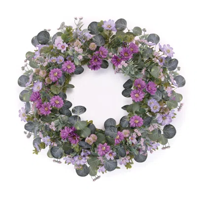 Melrose International Mixed Daisy Floral And Thistle Wreath 22"d - Pink, Purple, Green