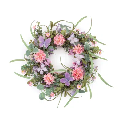 Melrose International Mixed Floral And Butterfly Wreath 23"d - Pink, Purple, Green