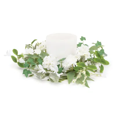 Melrose International Mixed Floral And Foliage Candle Ring 17.5"d - Green, White