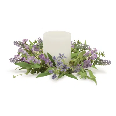 Melrose International Mixed Lavender Floral And Foliage Candle Ring (set Of 2) - Purple, Green