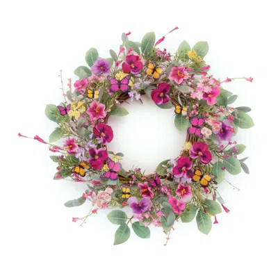 Melrose International Mixed Pansy Floral And Butterfly Wreath 22"d - Red, Pink, Green