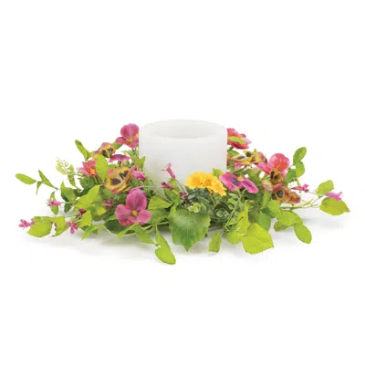 Melrose International Mixed Pansy Floral Candle Ring 16"d - Green, Pink