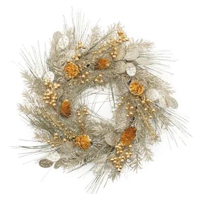 Melrose International Mixed Pine Eucalyptus Berry Wreath 20"d - Gold, Gray