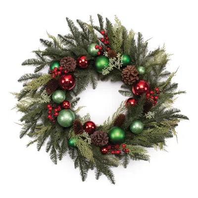 Melrose International Mixed Pine Ornament And Pincone Wreath 28"d - Green, Red, Blue