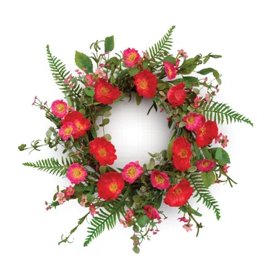 Melrose International Mixed Poppy Floral Wreath 22"d - Red, Green