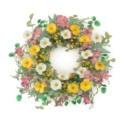Melrose International Mixed Poppy Floral Wreath 24"d - Yellow, Pink, Green