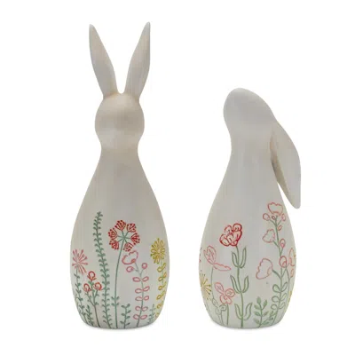 Melrose International Modern Bunny Rabbit Figurine With Etched Floral Design (set Of 2) - White, Red