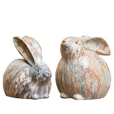 Melrose International Modern Bunny Rabbit Figurine With Marble Finish (set Of 2) - White, Grey, Brown