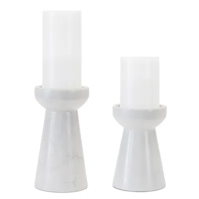 Melrose International Modern Marble Candle Holder (set Of 2) - White, Grey