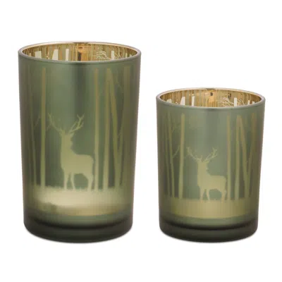 Melrose International Mossy Oak Deer Candle Holder (set Of 2) - Green, Gold
