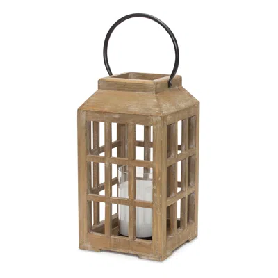 Melrose International Natural Wooden Lantern With Glass Hurricane - Brown, Black