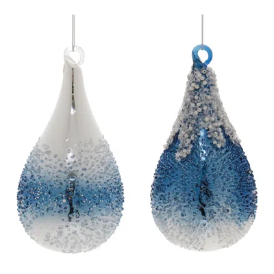 Melrose International Navy Beaded Glass Teardrop Ornament (set Of 6) - Silver, Blue